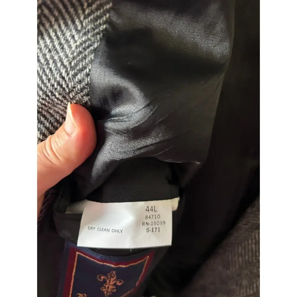 Barrington 100% Wool Blazer Sport Coat Jacket Black Gray White Herringbone 44L